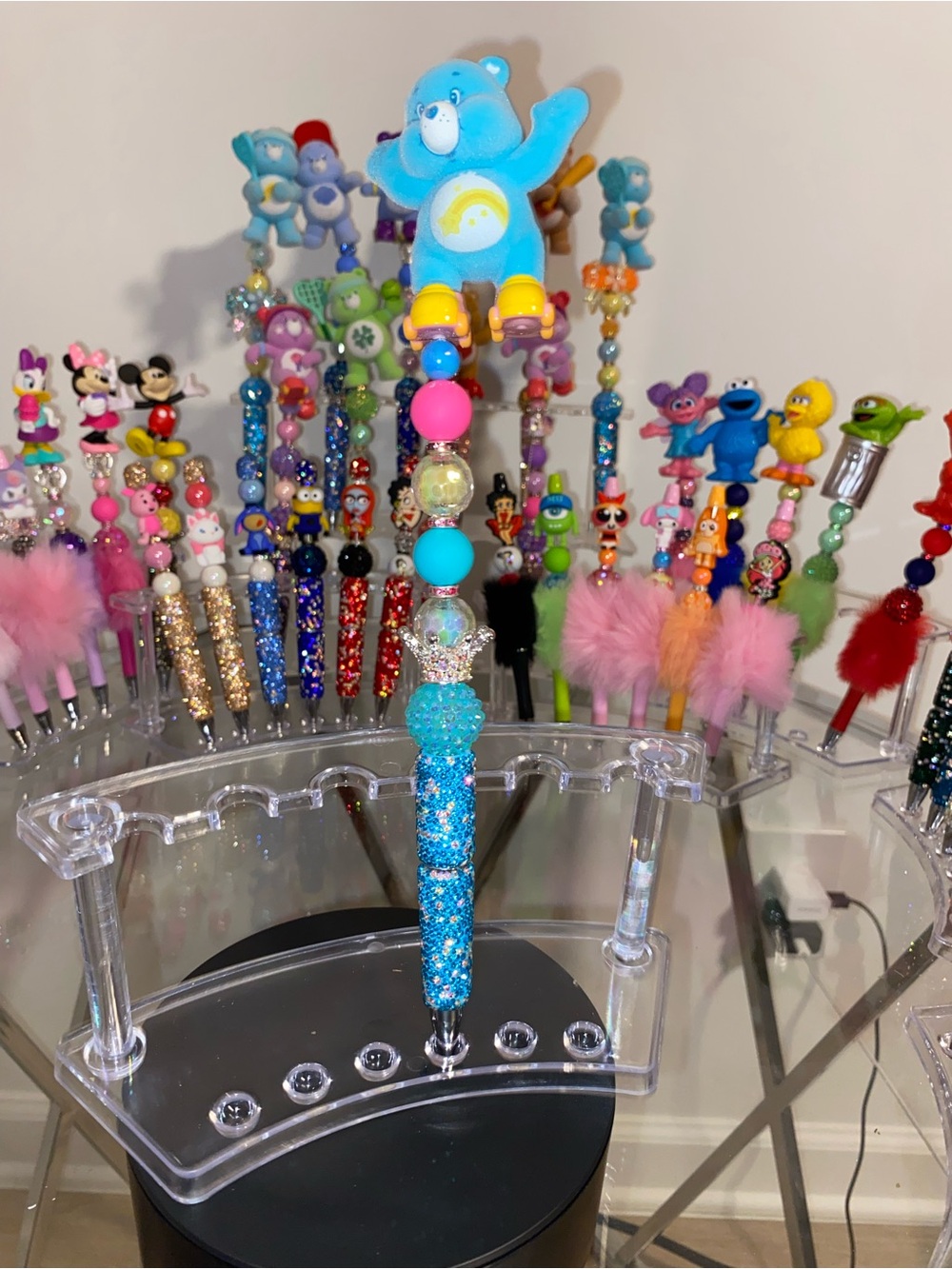 Wish Bear Care Bears Blue Glitter Bead Pen with Rainbow Accent Beads